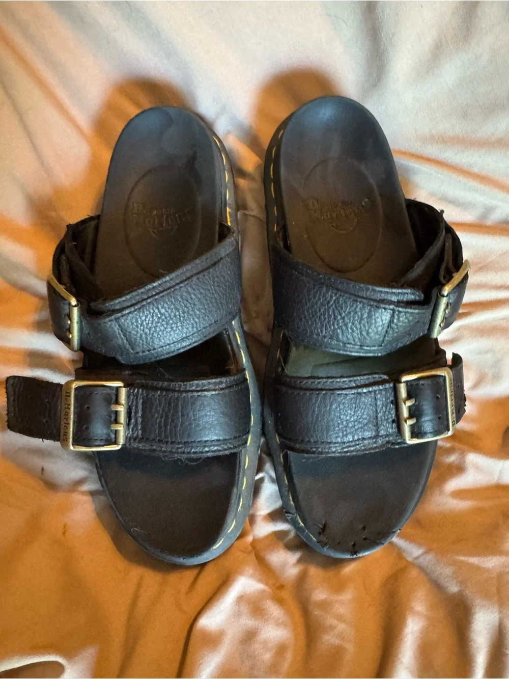 Dr. Martens Black Leather Double Buckle Platform Slides